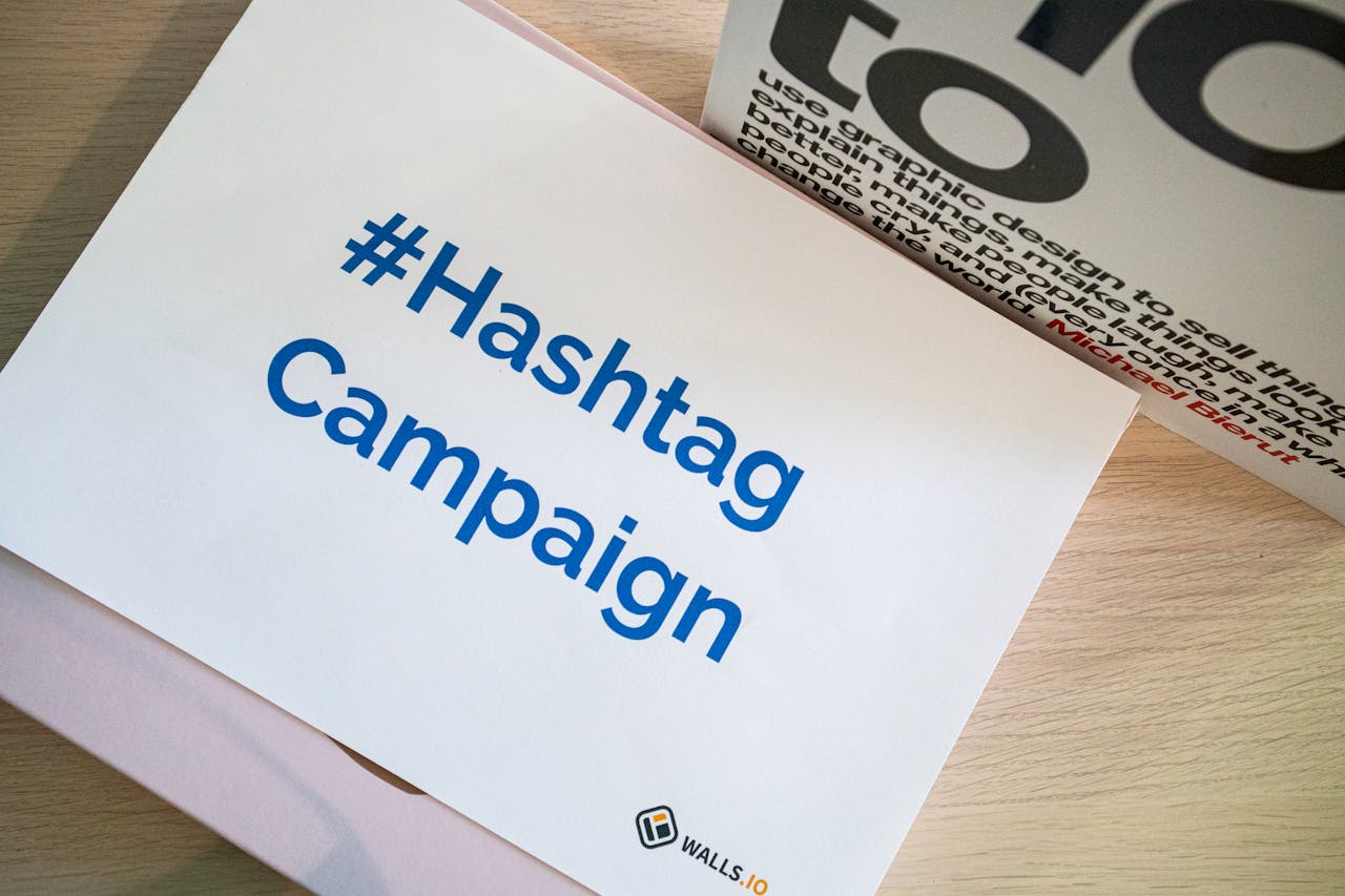 about-02 A concept image of a hashtag campaign displayed on paper for marketing strategies.